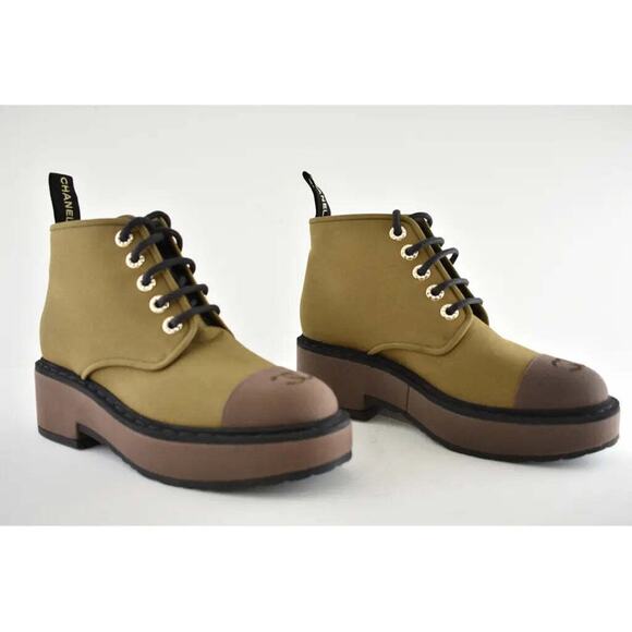 Chanel 20C Light Dark Brown Pearl CC Combat Lace Up Tie Ankle Short Boot 38.5 - Picture 2 of 12